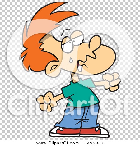 Cartoon boy with spiky orange hair, wide eyes, and open mouth, gesturing in surprise or confusion.