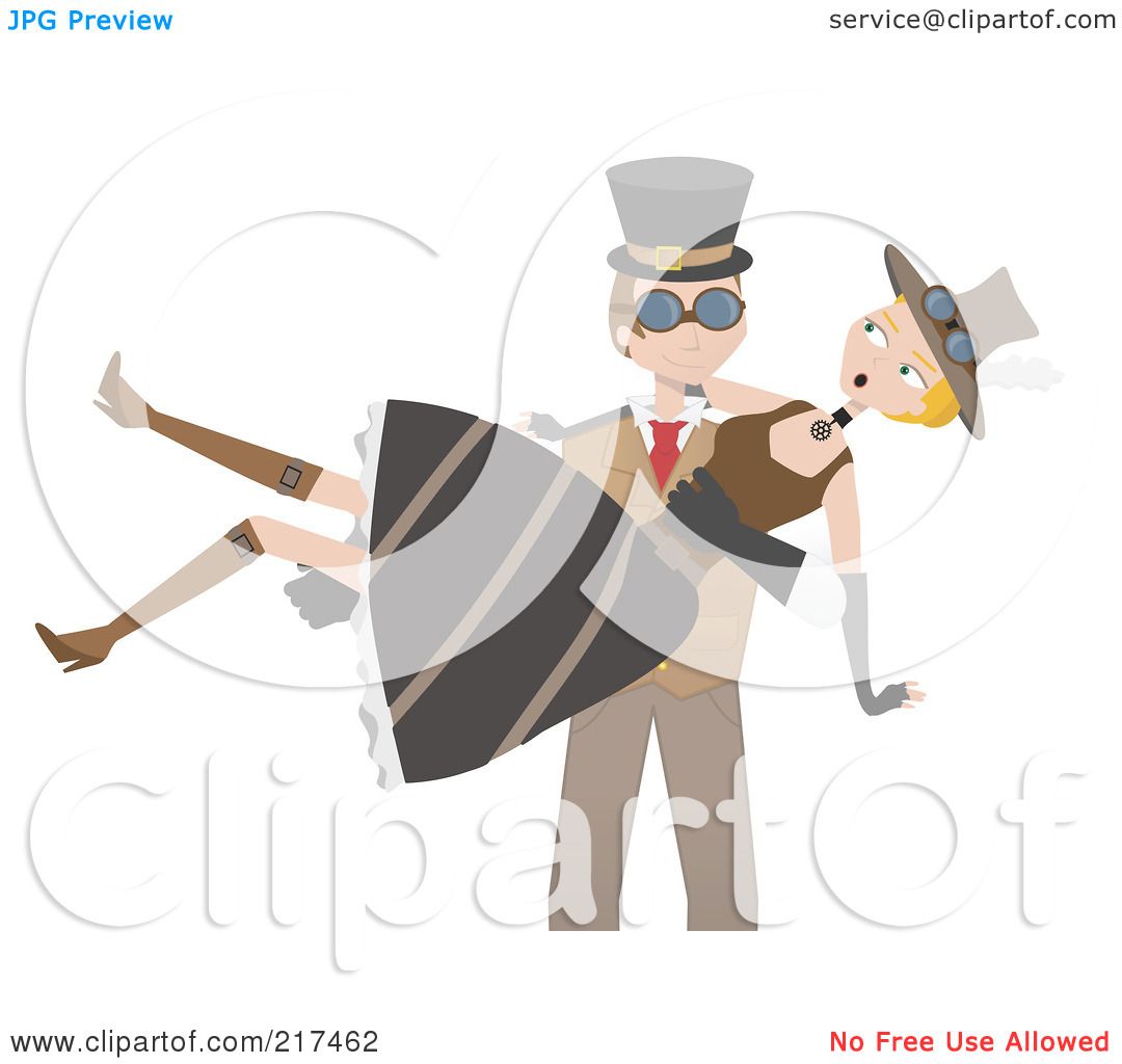 Steampunk couple in vintage attire-man in top hat and goggles carries woman in corset and hat, both smiling playfully.