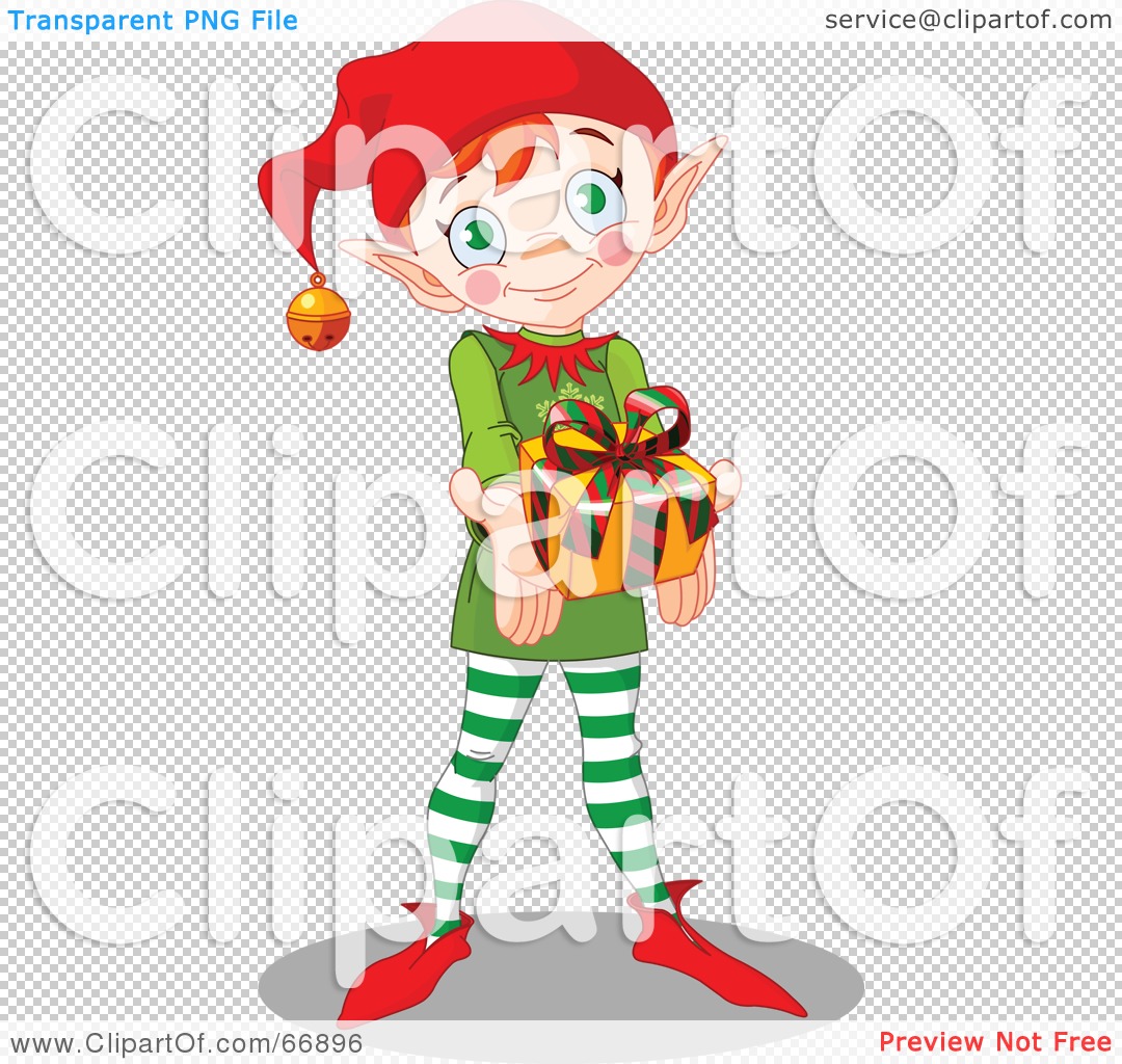 Cheerful cartoon elf in green and red outfit holding a wrapped gift with striped bow.