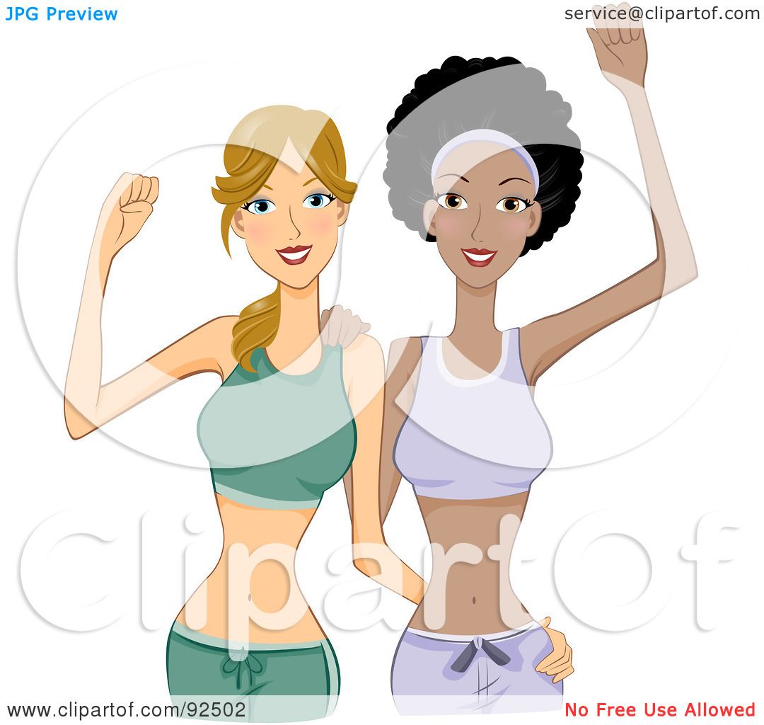 Two diverse women in athletic wear flexing arms and smiling, symbolizing fitness, strength, and body positivity.