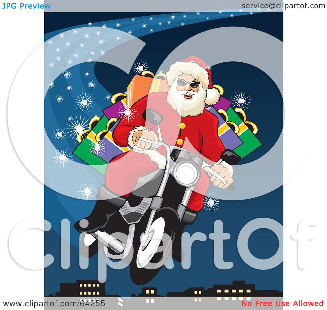 Santa Claus rides a motorcycle loaded with colorful gift bags against a starry night sky.