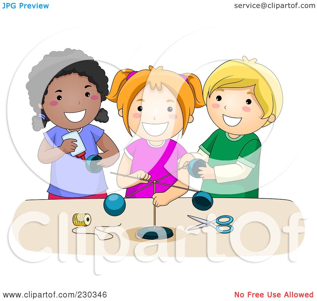 Three diverse children smiling while doing a hands-on science craft with glue, string, scissors, and balls at a table.