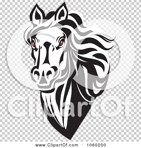 Stylized black-and-white horse head with red eyes and flowing mane, artistic vector illustration on transparent background.