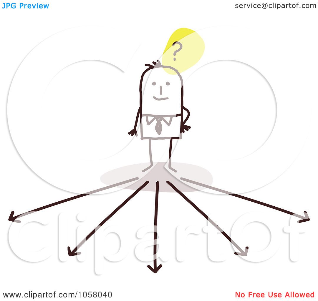 Stick figure businessman with question mark lightbulb above head, standing at crossroads of diverging arrows.