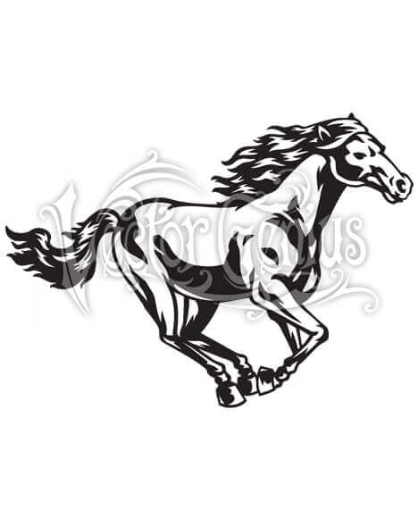 Black and white stylized illustration of a galloping horse with flowing mane and tail, dynamic motion pose.
