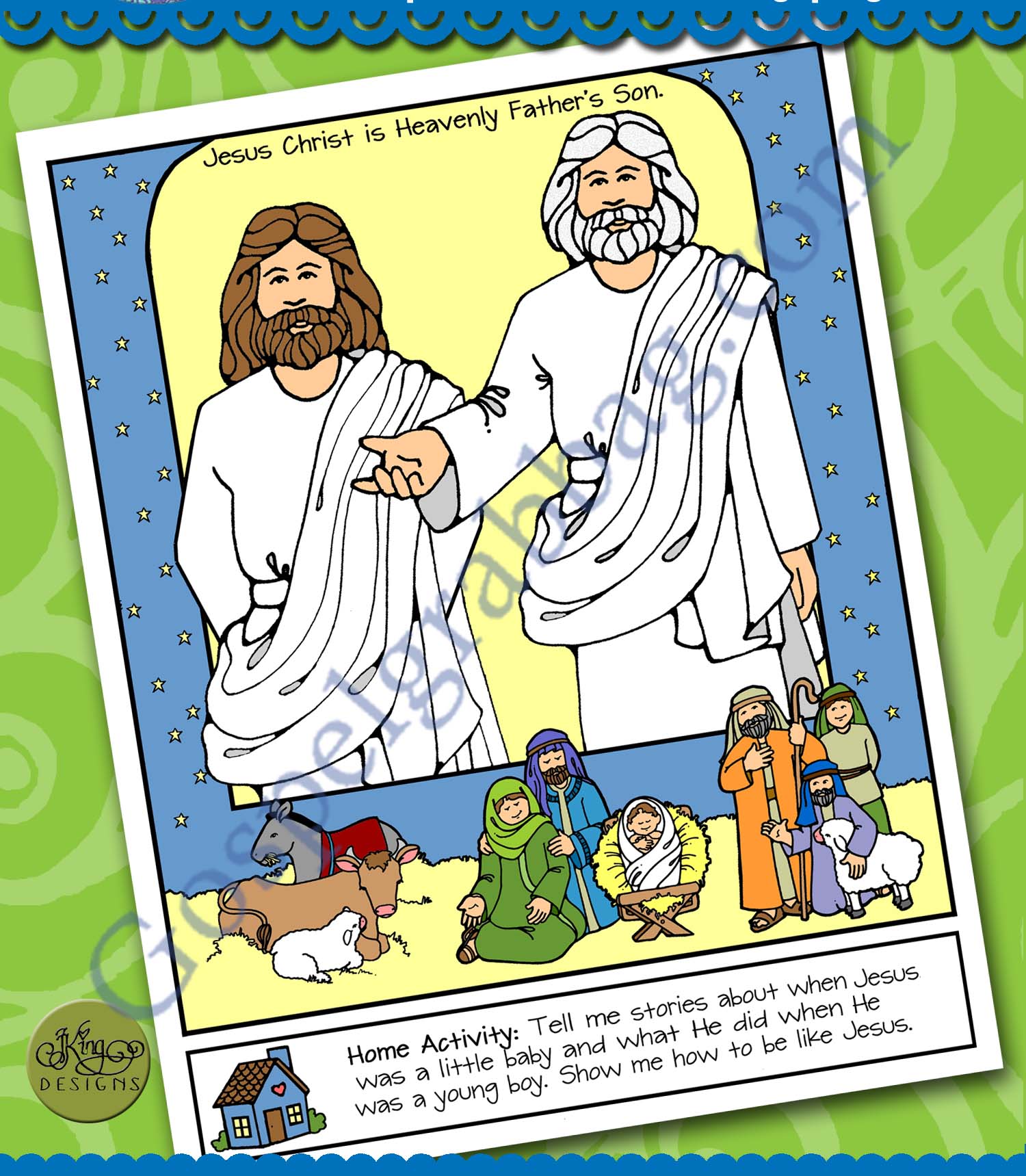 Jesus and God the Father above the Nativity scene with Mary, Joseph, shepherds, animals, and baby Jesus in a manger.