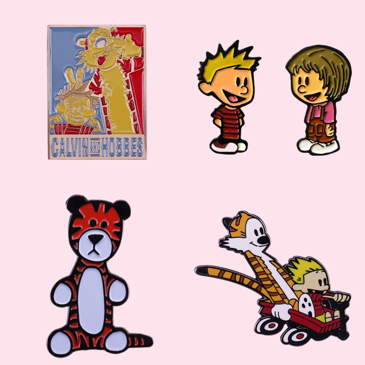 Five Calvin and Hobbes enamel pins: comic panel, Calvin, Susie, Hobbes plush-style, and wagon ride scene.