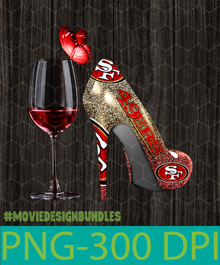 Glittery San Francisco 49ers high-heeled shoe beside a wine glass with red butterfly, on dark wood background.