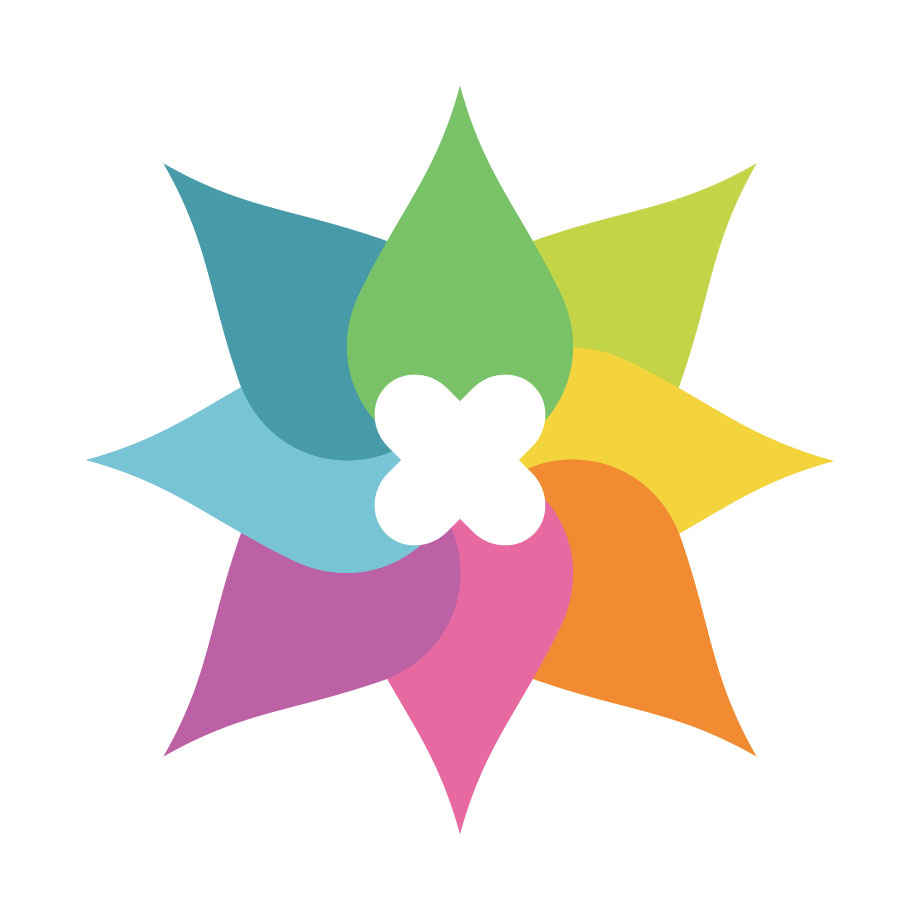 Colorful abstract flower logo with eight overlapping petals and a white four-leaf center.