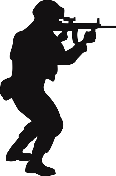 Black silhouette of a soldier in combat stance aiming an assault rifle.
