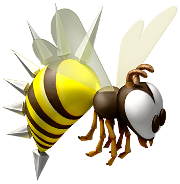 A stylized, cartoonish bee with yellow-and-black striped abdomen, metallic spikes, translucent wings, and a shiny silver head.