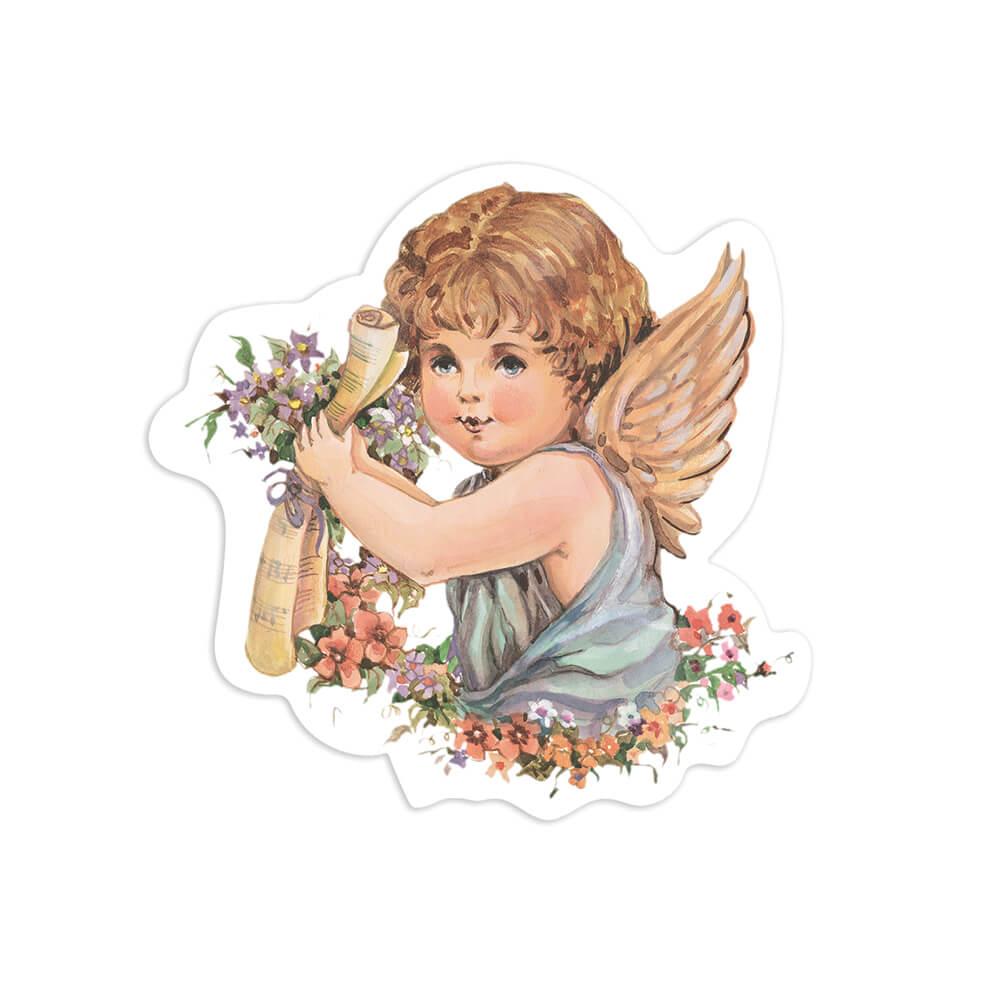 Vintage cherub angel with wings, holding floral bouquet and scroll, surrounded by colorful flowers.
