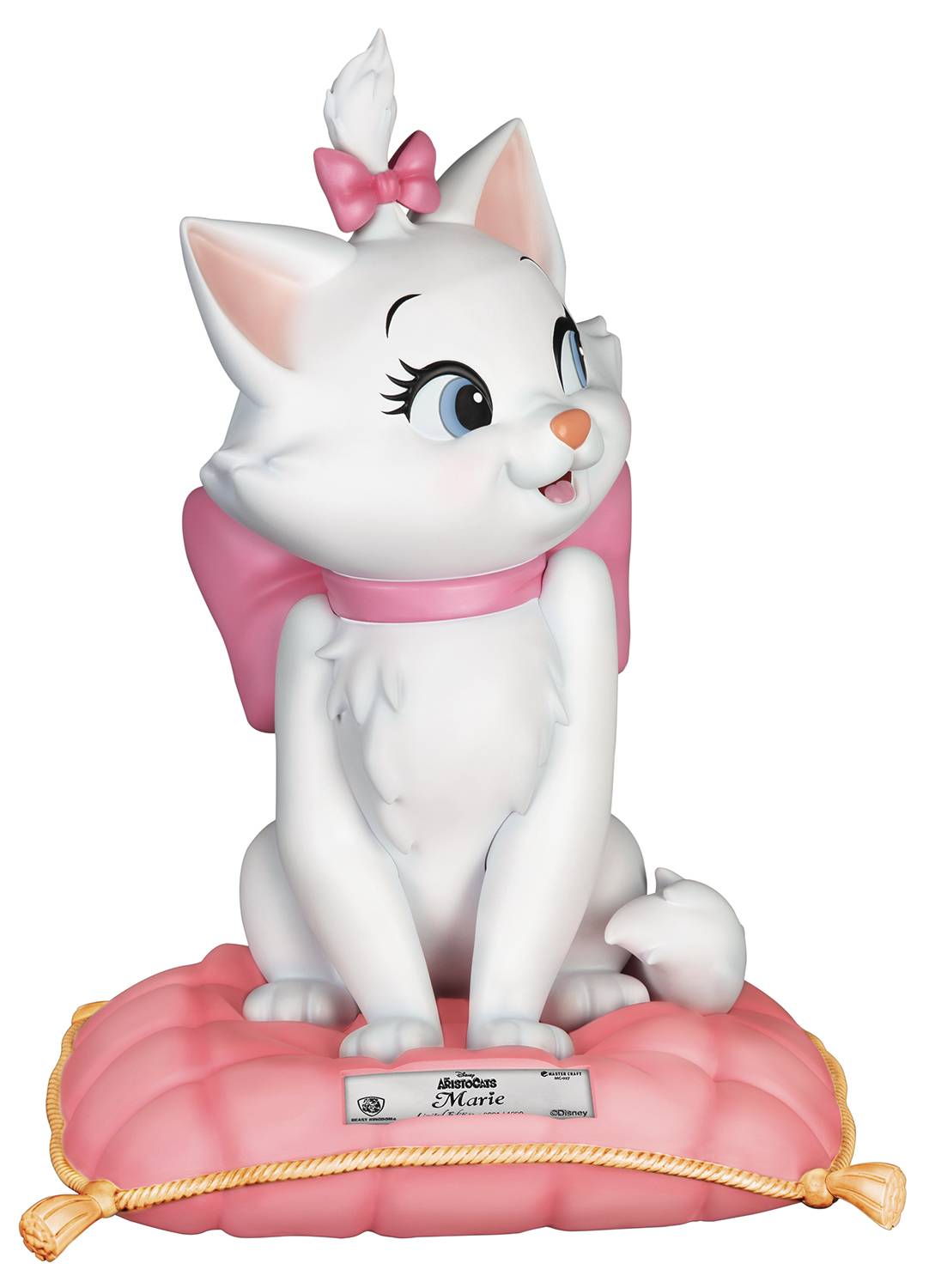 Disney's Marie from The Aristocats, a white kitten with pink bow and ribbon, seated on a pink cushion in a collectible figurine.