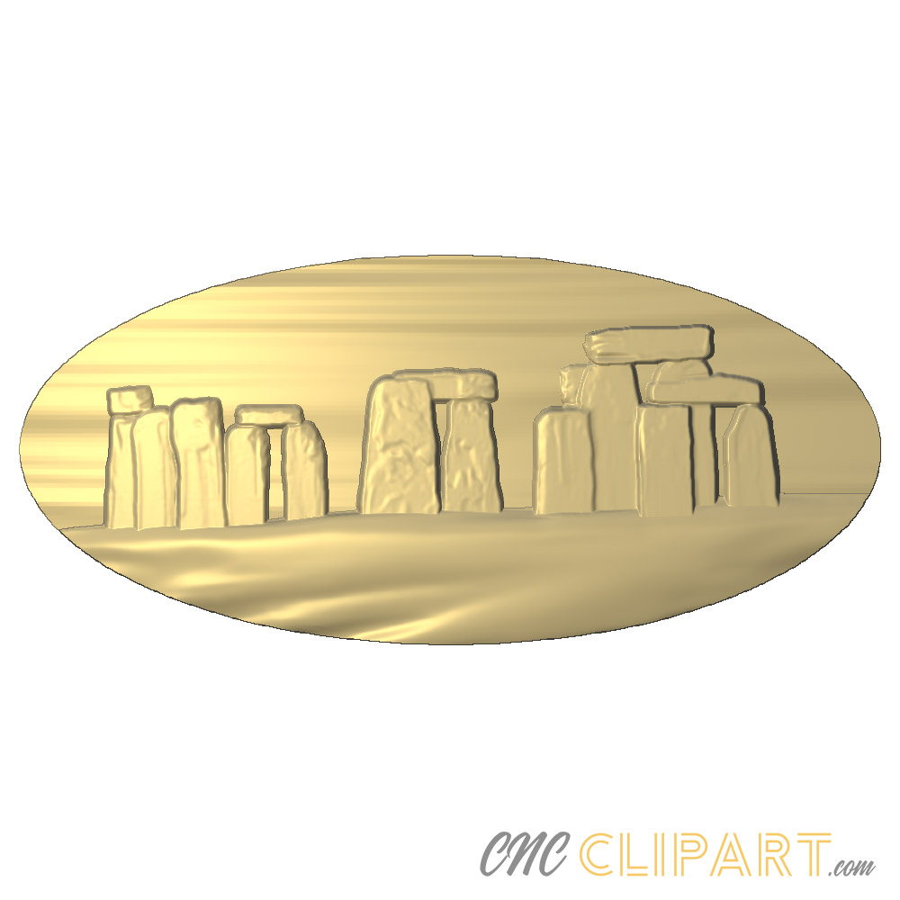 Golden 3D relief model of Stonehenge in an oval frame, suitable for CNC engraving or laser cutting.