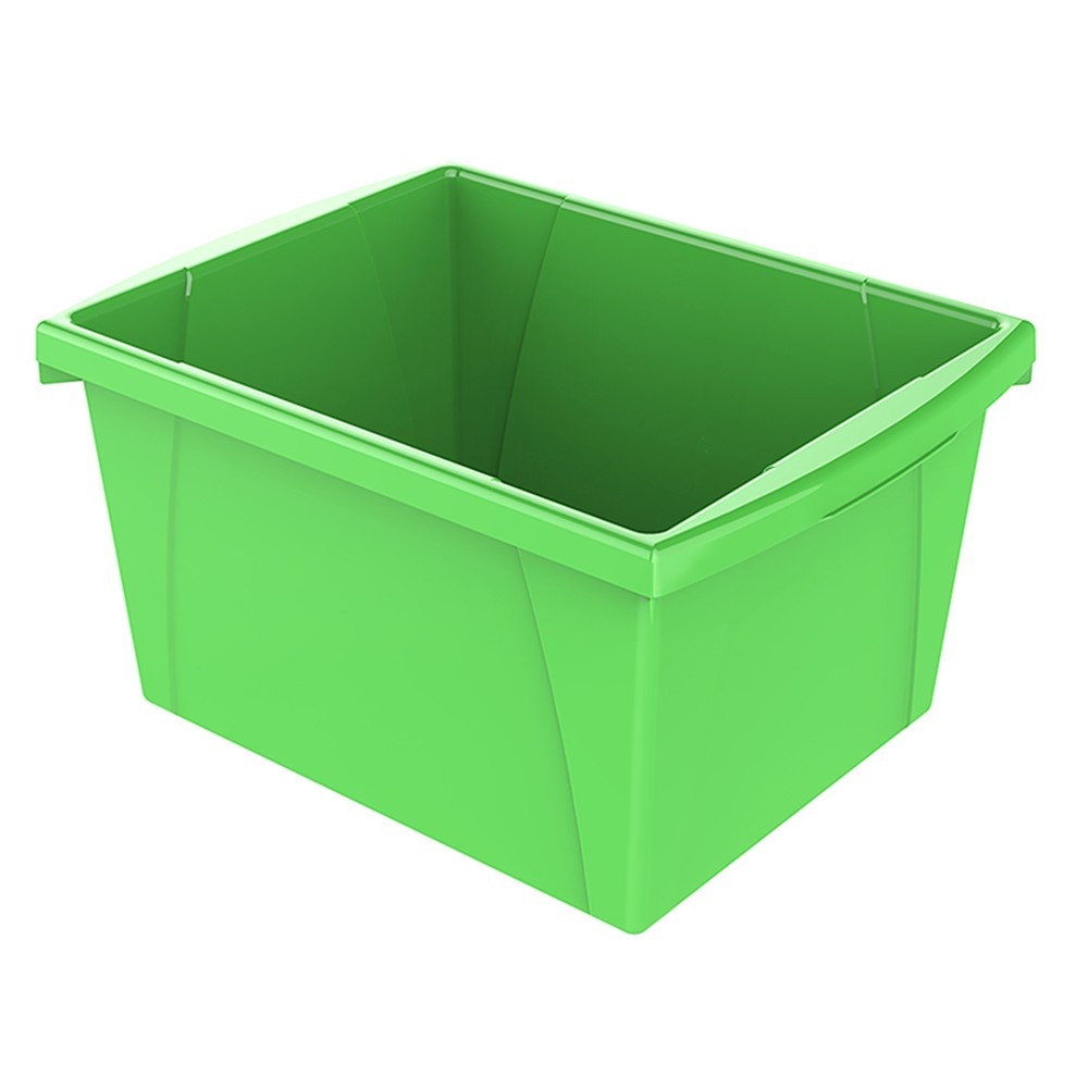 Bright green rectangular plastic storage bin with reinforced corners and integrated handles, shown empty on white background.