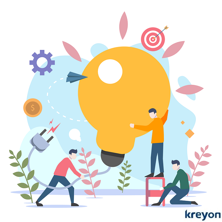 Three people collaborate around a giant lightbulb symbolizing innovation, with icons for strategy, finance, and target achievement.