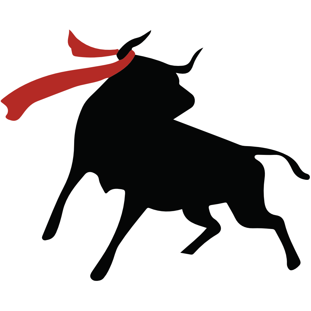 Black bull silhouette charging with a red cape flowing behind it, evoking bullfighting imagery.