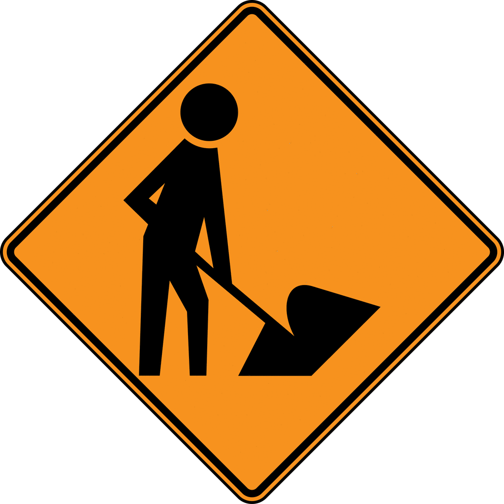 Orange diamond-shaped road sign showing a black silhouette of a worker shoveling, indicating road work ahead.