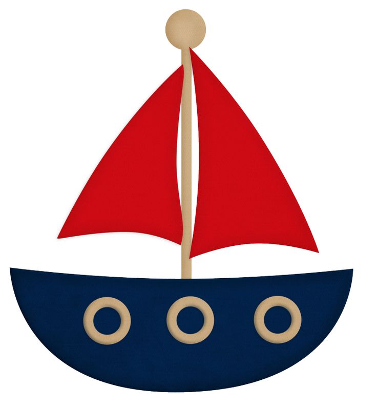 Simple cartoon sailboat with red sails, navy hull, and three portholes on a white background.