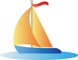 Colorful cartoon sailboat with yellow-orange sails, blue hull, and red flag on white background.