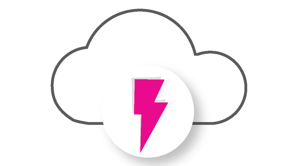 Black cloud outline with a white circle containing a bright pink lightning bolt symbol, representing cloud computing speed or power.