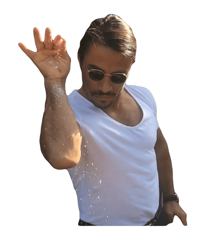 Man in white tank top and sunglasses sprinkling salt with dramatic flair against green background.