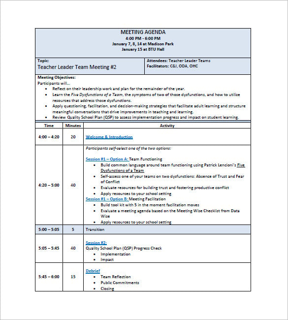 Meeting agenda for Teacher Leader Team Meeting #2, including schedule, objectives, and session options.