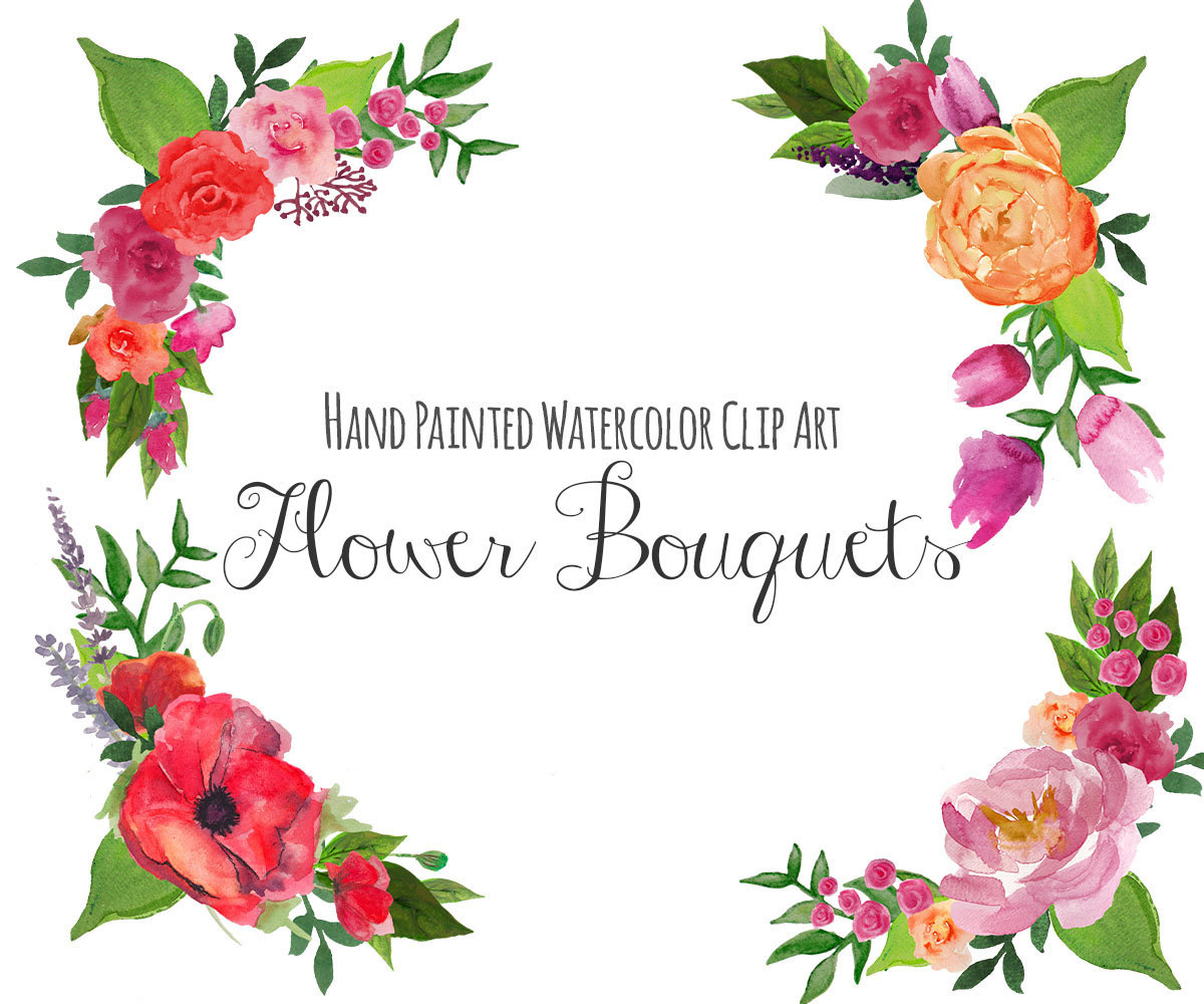 Hand-painted watercolor floral bouquets in pink, red, orange, and purple with green foliage framing text.