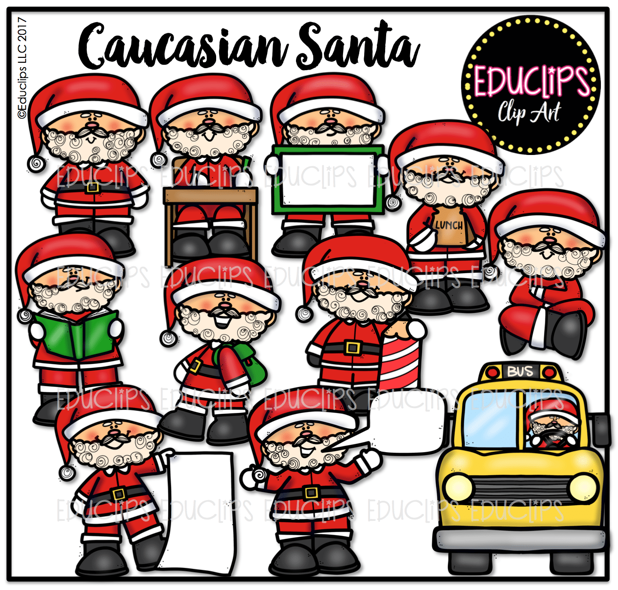Collection of cartoon Caucasian Santa Claus figures in various poses and activities, including reading, holding signs, driving a bus, and more.