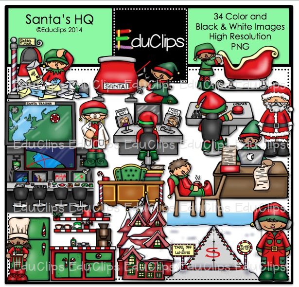 Santa’s HQ clipart set featuring elves, Santa, sleigh, control room, and North Pole scenes in color and B&W.