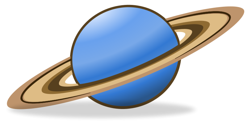 A stylized blue planet with prominent tan and brown rings, resembling Saturn, on a black background.