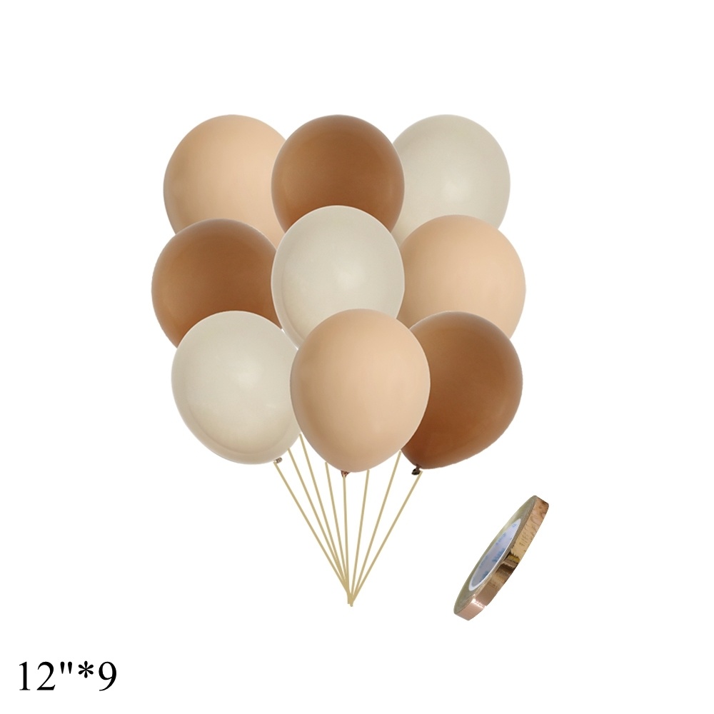 Nine 12-inch matte balloons in neutral skin-tone shades, bundled with gold sticks and a roll of tape.