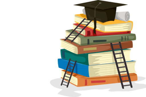 Stack of colorful books with graduation cap on top and ladders leaning against them, symbolizing academic achievement and learning.