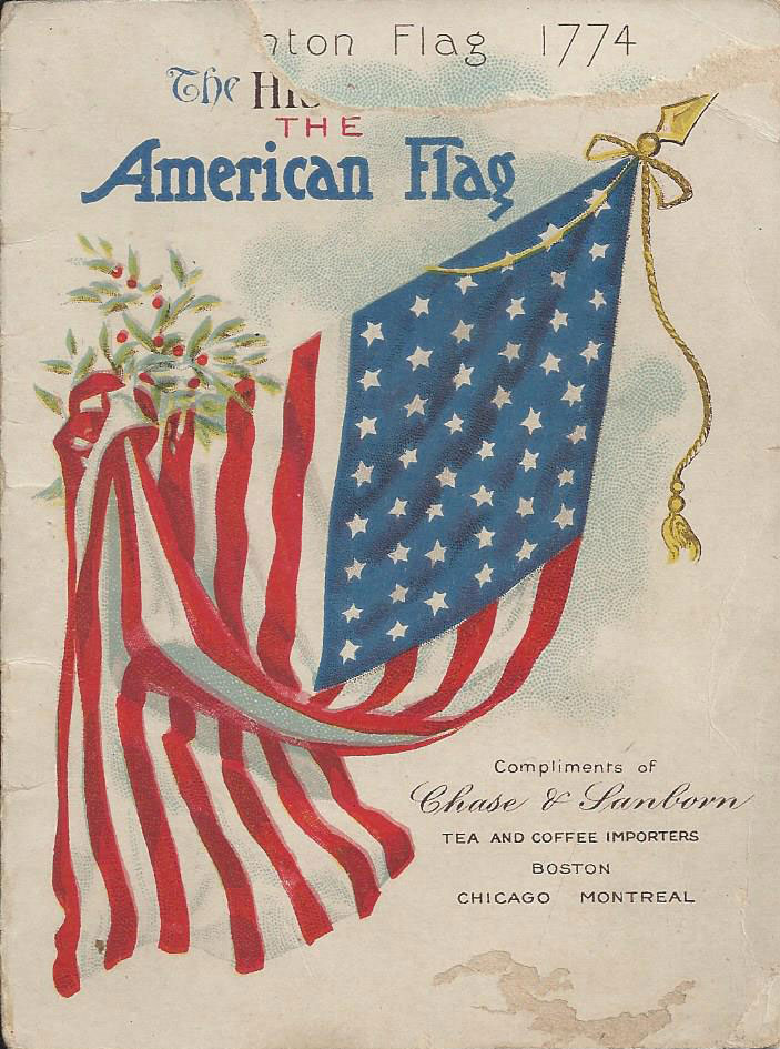 Vintage 1920s-30s booklet cover titled "The History of the American Flag", featuring a waving U.S. flag with holly and gold tassels, sponsored by Chase & Sanborn.