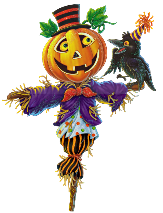 Festive Halloween scarecrow with jack-o'-lantern head, purple coat, striped pants, and a crow wearing a party hat perched on its shoulder.