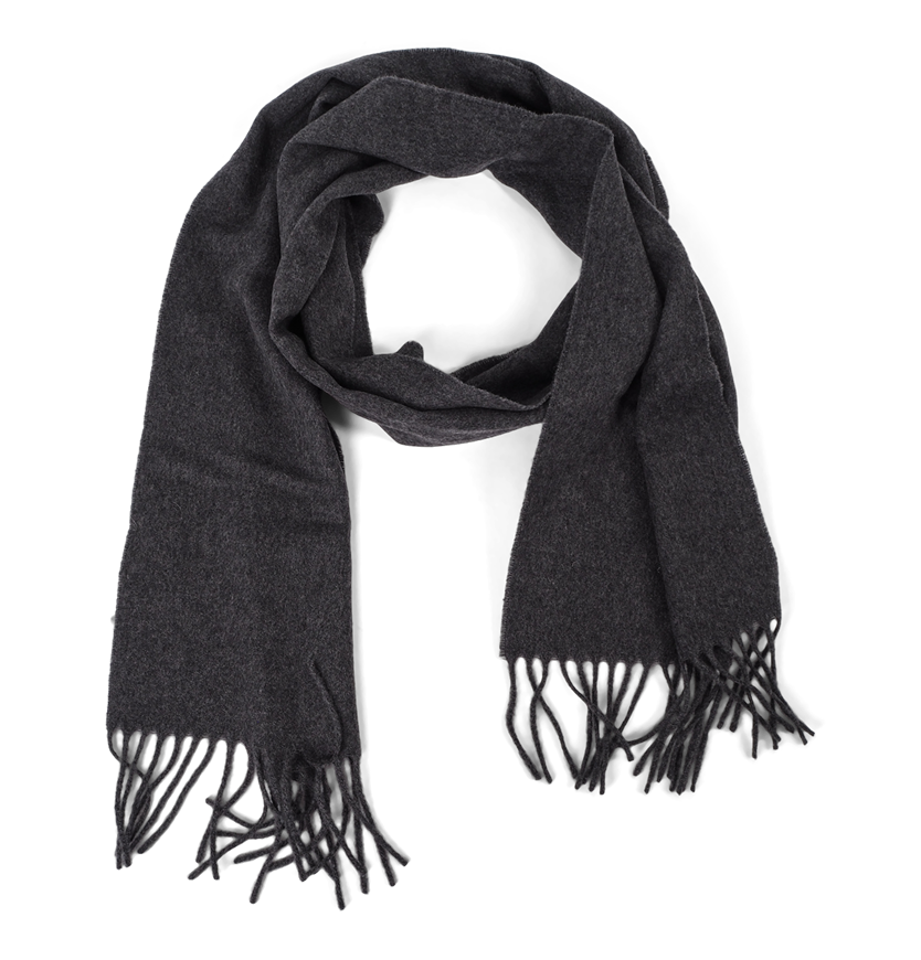 Charcoal gray wool scarf with fringed ends, draped in a loop against black background.