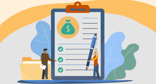 Two professionals reviewing a checklist on a large clipboard with money icon and checkmarks, symbolizing financial planning or budget audit.