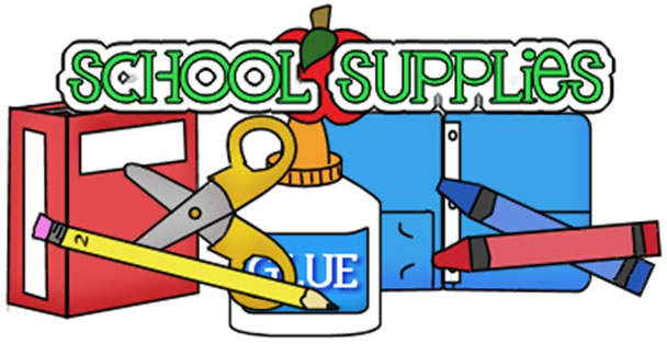 Colorful cartoon illustration of school supplies including scissors, glue, pencils, crayons, and a red book under "SCHOOL SUPPLIES" text.