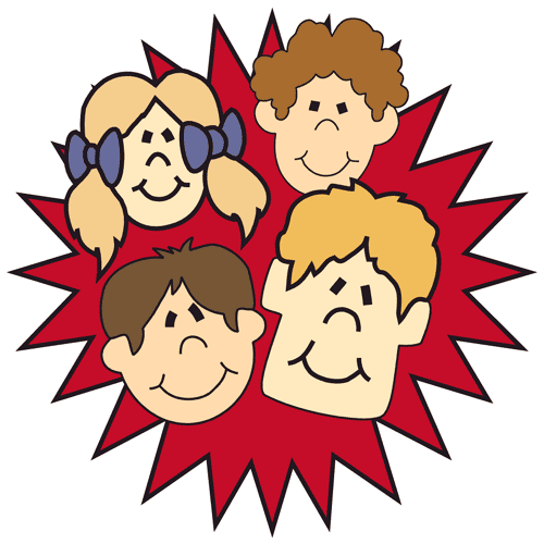 Four smiling cartoon children’s faces in a red starburst, representing friendship and diversity.