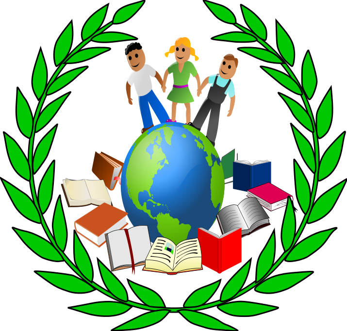 Three diverse children standing on a globe surrounded by open books and laurel wreath, symbolizing global education.
