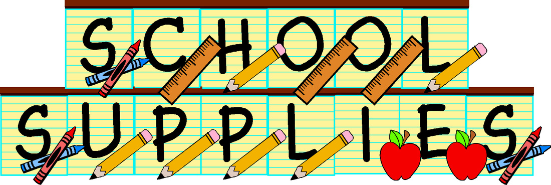 Colorful cartoon illustration of "SCHOOL SUPPLIES" with pencils, rulers, crayons, apples on lined paper background.