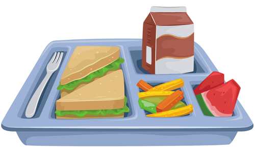 Blue cafeteria tray with sandwich, carrot sticks, celery, watermelon slices, milk carton, and fork.