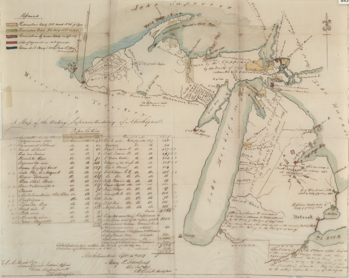 Historical 1824 map of the Acting Superintendency of Michigan, showing Native American reservations, settlements, rivers, and territorial boundaries.