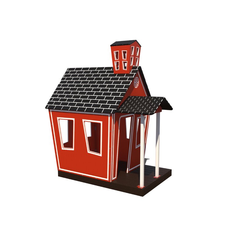 Red wooden playhouse with black shingle roof, bell tower, and white trim for children's outdoor play.