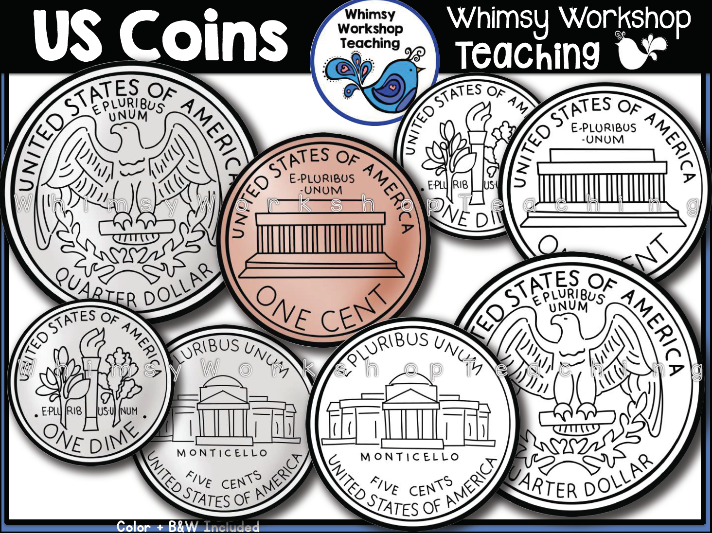 Collection of US coin illustrations including penny, nickel, dime, and quarter in color and black-and-white versions.
