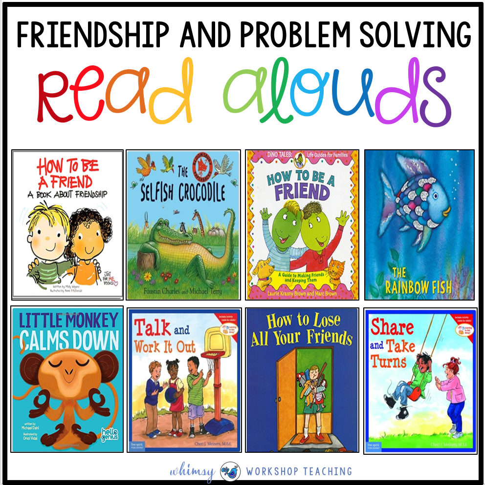 Collection of 8 children’s books on friendship and problem solving, displayed in a grid with colorful covers and titles like "The Rainbow Fish" and "How to Be a Friend".