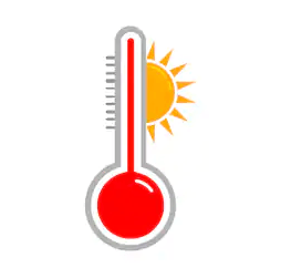 Red thermometer with rising mercury and a sun icon indicating high temperature or heatwave.