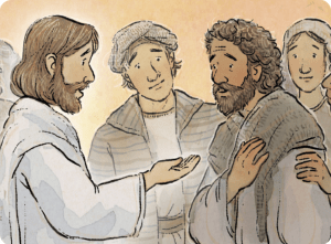 Jesus speaking with disciples, one holding out his hand, in a warm-toned watercolor illustration.