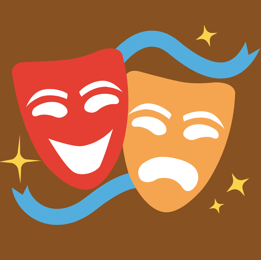 Red comedy and orange tragedy theater masks with blue ribbons and golden stars on brown background.