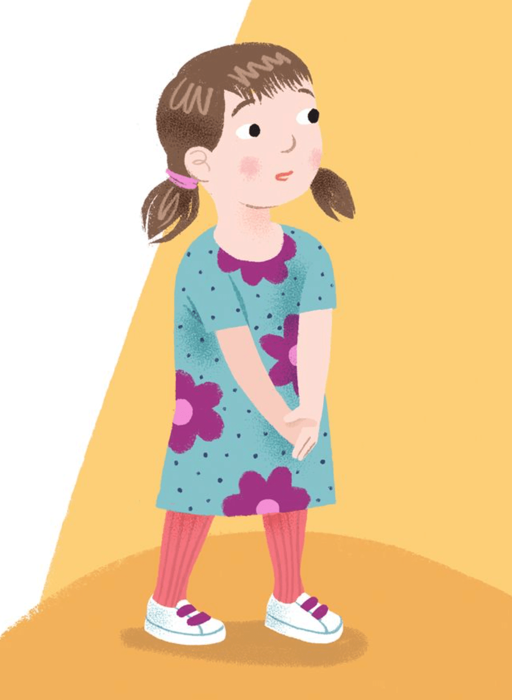 A young girl with pigtails in a floral dress stands thoughtfully under warm light.